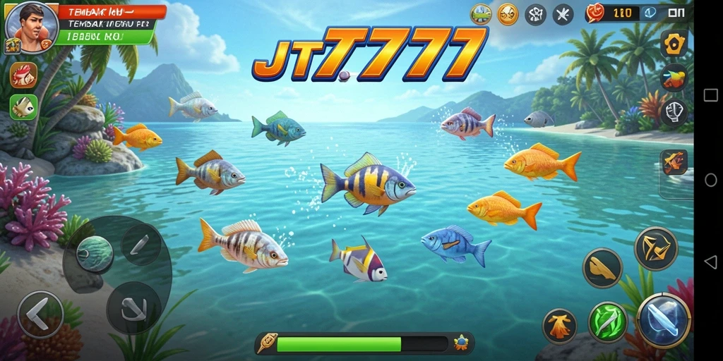 Tampilan gameplay JT777 dengan aktivitas menembak ikan.